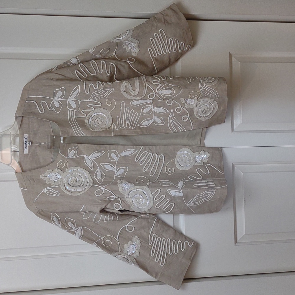 TravelSmith Applique Embroidery Trapunto Open Front LinenCotton Lined Jacket New - Picture 4 of 14
